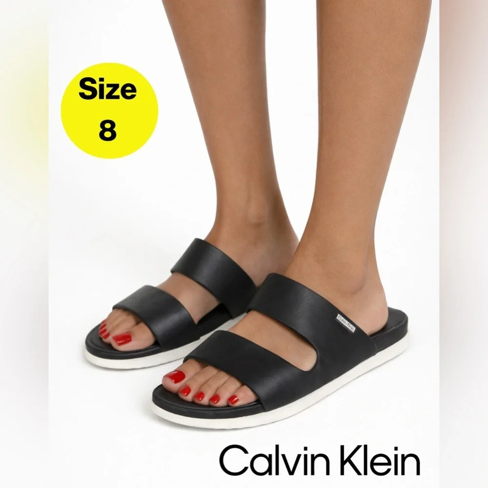 2/for $20 🪩 CALVIN KLEIN Black Leather Slide Flat Slip-On Sandals (Women’s 8)